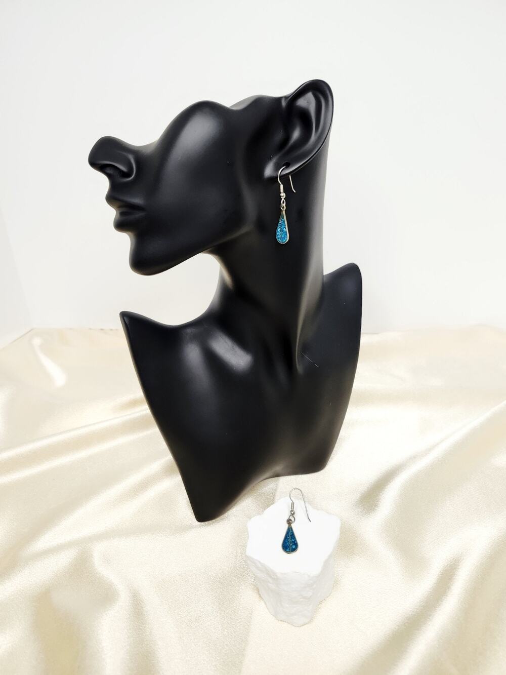 Vintage Mexico Crushed Turquoise Inlay Nickel Silver Teardrop Dangle Earrings